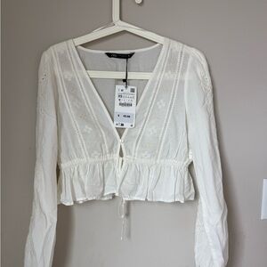 Zara White Embroidered Tie-Front Peasant Blouse